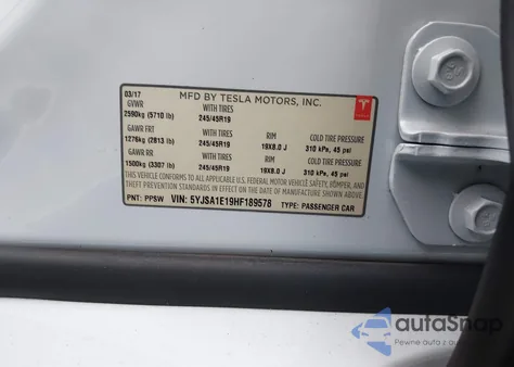 2017 Tesla Model S z USA, uszkodzony, nr VIN 5YJSA1E19HF189578